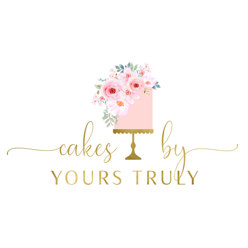 Cakes by Yours Truly logo 1000 px wide pink cake on gold stand with pink flowers roses and green leaves500 px sq